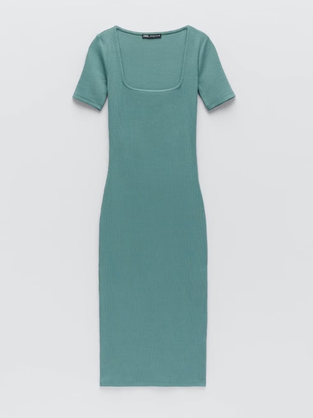Zara Green Ribbed Square Neck Midi Dress Size S – NWOT